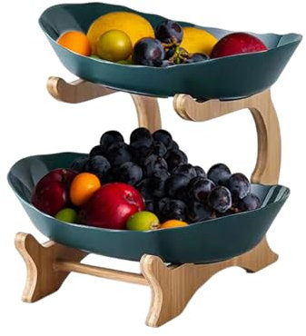 CEIEVER Fruit Bowl with Wooden Stand, Plastic Fruit Stand with 2 Levels Tiered Fruit Basket Countertop Fruit Basket for Fruit Vegetable Storage, Snack,Nuts,Cake,Dessert