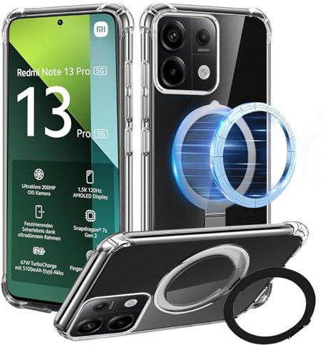 Tawarror Magnetisch Handyhülle für Xiaomi Redmi Note 13 Pro 5G (Nicht für 4G) Hülle, Transparent Schutzhülle mit Magnet Ständer Hart PC Rückseite Kratzfest + TPU Bumper Stoßfest Case, Klar