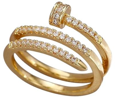 EEJBYTDI Double Inlaid Zirconia Gold Stainless Steel Nail Ring, Creative Spiral Multi-layer Nail Rings (Gold,One Size)