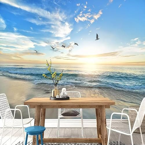 Fototapete 200 x 140 cm Vögel bei Sonnenuntergang am Meer Vliestapete 3D Effekt Wohnzimmer Schlafzimmer Modern Wandtapete Bar, KTV, TV Hintergrund Wandbild Tapete Wanddekoration