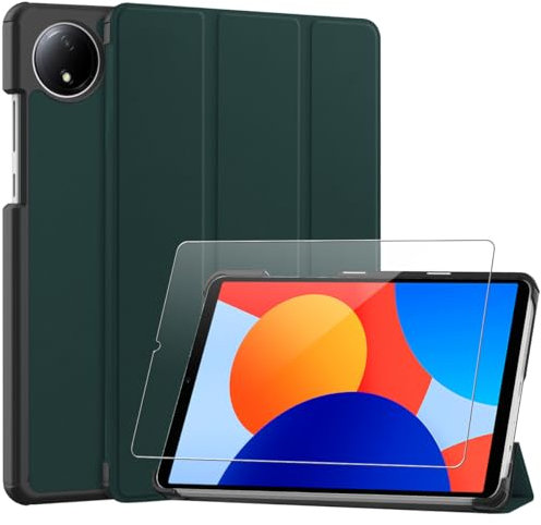 Ysjisy Cover for Xiaomi Redmi Pad SE 8.7 inch, Green PU Leather Wallet Booklet Flip Protective Case with 1 Piece Tempered Glass Screen Protector for Xiaomi Redmi Pad SE 8.7 Inch