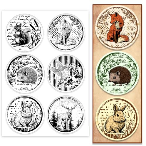 PH PandaHall Tiere Runde Briefmarken, Klare Stempel für Kartenherstellung Fuchs Eichhörnchen Hase Igel Sikahirsch Transparenter Silikonstempel Gummistempel für Journal Scrapbooking Dekoration