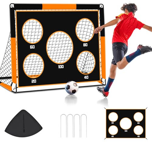 EXTFANS 2-in-1 Fußballtor für Kinder | Faltbares Soccer Tor mit 5 Zielscheiben & Tragetasche | Robuster Outdoor Fussballtore mit 4 Heringen für Garten, Strand, Park (Orange-120 * 90 * 90cm)