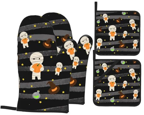 Handschuhe Und Topflappen-Set, Halloween Hut Hot Pads Kits Mehrweg Ofenhandschuhe Mit Aufhängeschlaufe Ofenhandschuhe Set Für Kitchen Kochen Backen