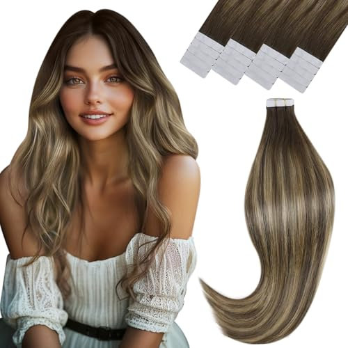 Vivien Extensions Echthaar Tape Braun Balayage Tape Extensions Echthaar Ombre Braun bis Blond Kurz 30g 20Pcs 30cm