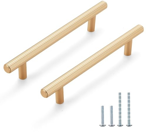 L&lonpa 10 Pack Cabinet Handles 128mm Hole Center Gold Solid Drawer Pulls Cabinet Hardware for Cabinet Drawer Cupboard A2116