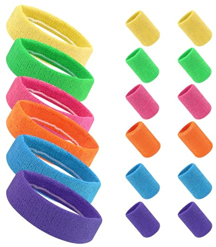 18 Stück Schweissband Handgelenk Set,Outfit 6 Farben Stirnband Schweißband 80er Armband für Damen Herren Basketball Tennis Fitnessstudio(Neon