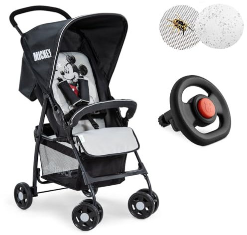 hauck Buggy Sport mit Lenkrad & Schutzpaket | ultraleichter Reisebuggy (nur 5,9 kg) mit Regenschutz & Mückennetz | Liegefunktion, klein zusammenklappbar, großer Korb - Mickey Stars