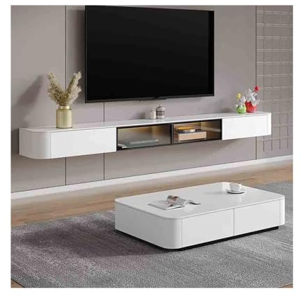 UQACHG Mobile Tv Sospeso Con Luci A Led, Mobile Tv A Parete Con Anta A Ribalta In Vetro, Mobiletto Multimediale Bianco Moderno Per Soggiorno E Camera Da Letto.,One Color-240cm