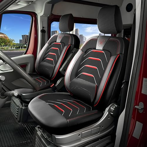 GIOVANNI BUTTI Autositzbezüge 1+1 für FIAT Ducato, Peugeot Boxer, Citroen Jumper 2014-2026, Opel Movano C 2022-2026 - Leinen/Schwarz-Rot - Vordersitz-Set