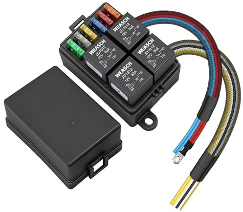 Weasch 12V 80A 6-fach vorverdrahteter Sicherungs- und Relaiskasten, 4 Relais und 6 ATC/ATO-Flachsicherungen, universelles Relaispanel für Pkw, Lkw und Jeep