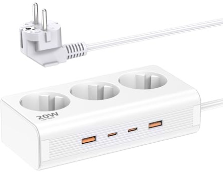 JSVER Steckdosenleiste 3 Fach mit PD20W Schnellladen, Mehrfachsteckdose Wandmontage(3680W) Steckerleiste mit 2 USB A& 2 USB C mit 1,5M Kabel für Smartphones, Laptop, iPAD-Weiß