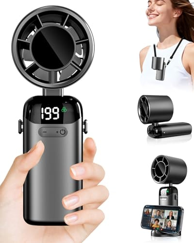 Kouric Ventilador de Mano Turbo,Aire de Alta Velocidad, 5 Velocidades + 199 Ajustes Continuos, Batería Hasta 10 Horas,Pantalla LED, Portatil para Viajes, Oficina, Deportes y Exteriores-Negro