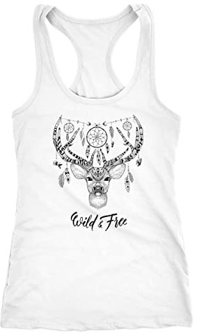 Neverless Damen Tank-Top Zentangle Hirsch Geweih Traumfänger Mandala Atzekenmuster Boho Bohamian Atzec weiß L