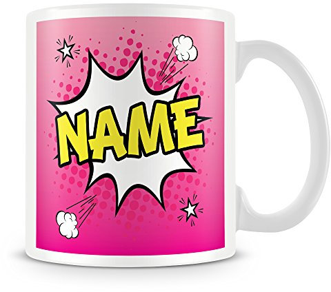 Custom Name Mug Personalised Gift – Pink Comic Style Ceramic Coffee Cup, Dual-Sided Print, Dishwasher Safe | Unique Present for Birthdays, Teachers, Friends, Office, Women, Secret Santa, Christmas