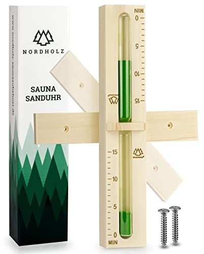 Reloj de arena para sauna de 15 minutos fabricado en madera de abeto nórdico 100% con cristal resistente al calor y color de contraste verde oscuro + 2 tornillos de acero inoxidable - Accesorios