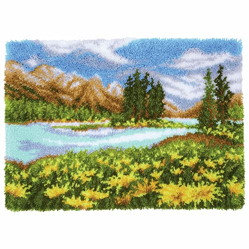 Vervaco Knüpfteppich Set DIY Handarbeit Set Knüpfset für Anfänger BERGLANDSCHAFT Teppich zum Selber Knüpfen Basteln Erwachsene Kreativ Set 70 x 51 cm Latch Hook Kit Knüpfhaken Haus Dekoration