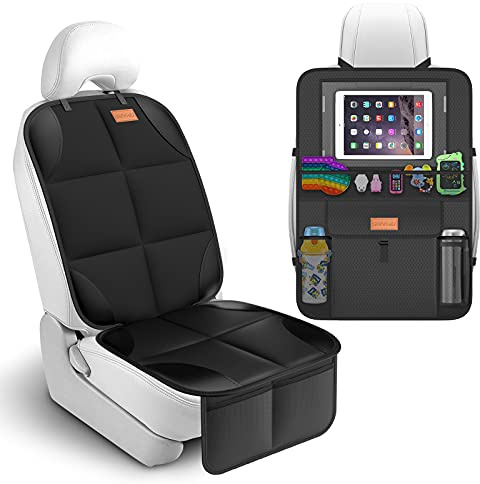 SMART ELF Car Seat Protectors for Child Seats - Kids Car Seat Protector Back Organiser for Storage - Baby Travel Kick Mats & Front/Back Seat Cover Set, Protects Upholstery From Stains & Damage