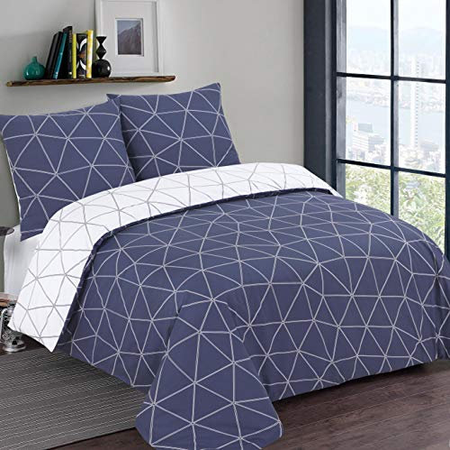 Vision - Parure de lit Réversible - Hugo Bleu Marine/Blanc - Set de Housse de Couette 240 x 220 cm avec 2 taies d'oreiller pour lit 2 Personnes - 100% Coton