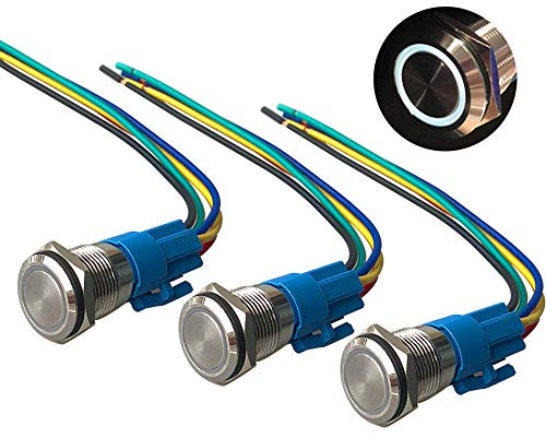 QitinDasen 3Pcs Premium 12V / 24V 5A Interruptor de Botón Momentáneo, 16mm Interruptor de Botón Metálico, LED Blanco Interruptor Pulsador Impermeable IP67 con Enchufe de Cable