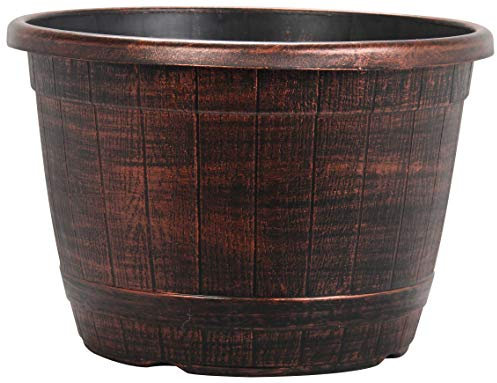 Muddy Hands Copper Wooden Barrel Effect Plant Pot Round Plastic Planter Outdoor Garden Flower Tree Herb (1, 16.8 Litre)