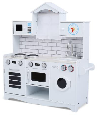 Baby Vivo Kinderküche Spielküche mit Vorhängen Fenster Mikrowelle Waschmaschine aus Holz Kinderspielküche Küche Holzküche Spielzeugküche - Maya mit Vorhängen in Weiß