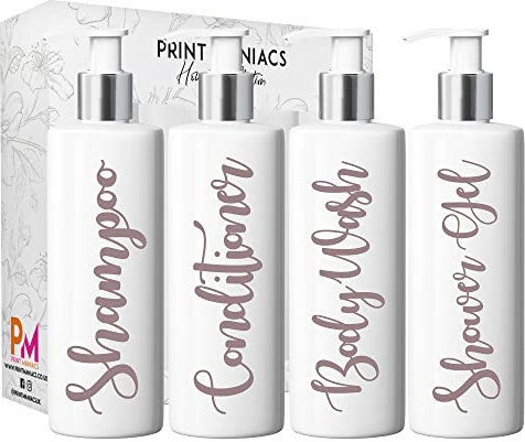 Print Maniacs White Mrs Hinch Inspired Personalised 500ml Pump Bottles Bathroom Lotion Kitchen Set Shampoo Conditioner (Shower Gel Set) (Matt Rose Gold)