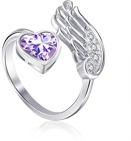 Qings Alexandrit Juni Geburtsstein Mondstein Ringe Sterling Silber Damen Verstellbarer Birthstone Flügel Feder Herz Zirkonia Verlobungsring Eheringe Geburtsstein Schmuck für Frau Freundin
