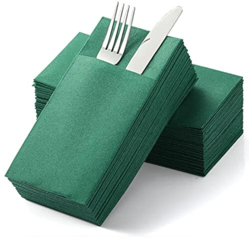 MORGIANA 50 PCS Pocket Napkins Green Linen Feel White Napkins with Buit-in Flatware Pocket, 40 * 40 cm 1/6 Folded Disposable Guest Towels Serviettes for Chirstmas, Wedding, Party