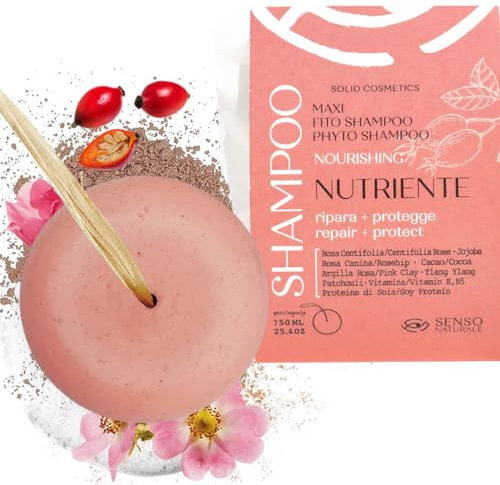 Senso Naturale Festes Shampoo Reparateur und Pflegendes fur Trockenes Haar und Spliss, Repariert und Schützt Geschädigtes mit Hagebutte, Rosa Tonerde, Ylang Ylang, 100% Natürlich und Vegan ph 4,5-5,5