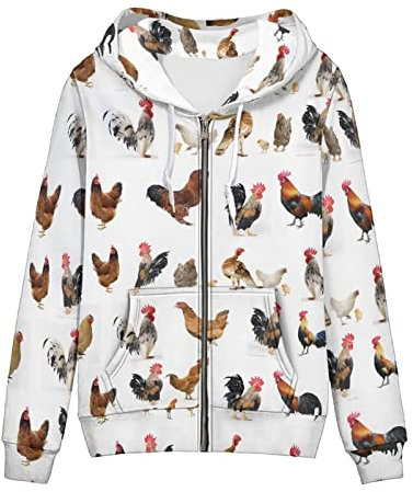 Biyejit Damen Neuheit Print Zip Up Hoodies Langarm Kapuzenpullover Sweatshirt Jacke mit Tasche, Niedliches Huhn-Hahn, L