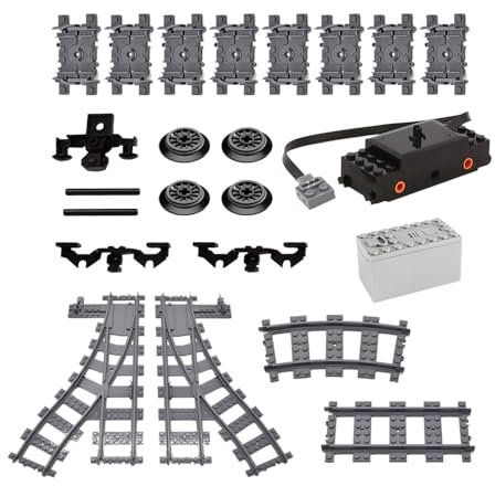 MISINI Technik City Zug Schienen Bausatz, 39 Stück Zug Bausteine Eisenbahn Weichen Gerade Gebogene Biegsame Schienensegmente Zubehör, Zug Power Motor Set