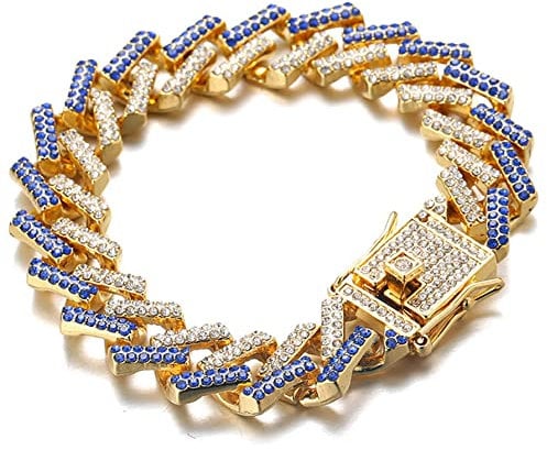 Halukakah Goldkette Iced Out für Katze,Diamant Kubanische Halskette Kragen 14MM 18 Karat Echt Vergoldet Blau Diamanten 18cm Größe mit KOSTENLOSER Geschenkbox,Nur Dekoration