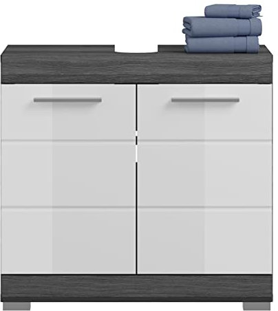 xonox.home Badezimmer Scout Waschbeckenunterschrank Badunterschrank Waschtischunterschrank Unterschrank Waschschrank in Front weiß Hochglanz Korpus/Absetzung Rauchsilber Nb., ca.60x56x34 cm