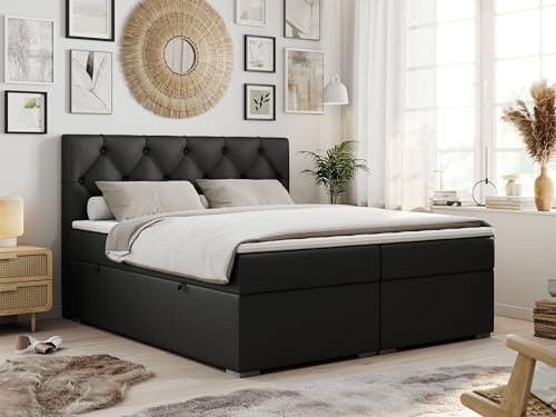 MKS MEBLE Boxspringbett 200x200 mit Matratze und Topper, Boxspringbett 200x200 mit Bettkasten und Kopfteil- Alda - H3 Schwarz Kunstleder