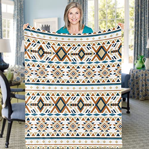 Domgoge Bohemian Decke Überwurf, Aztec Navajo Überwurf Decke, kuschelige beige Fleecedecke Tribal, weiche Flanell Tan Vintage Boho Decke, flauschige Fleece geometrische ethnische Decken für Frauen Er