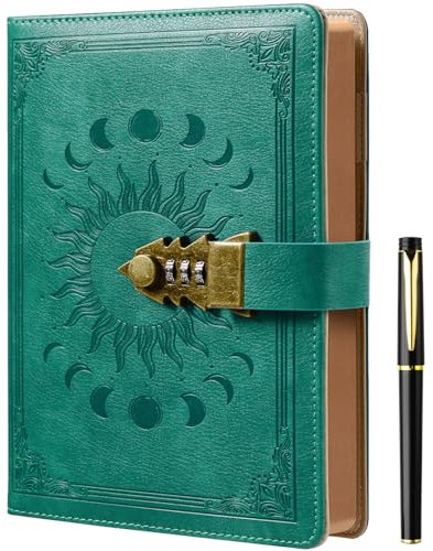 ZXHQ Nachfüllbares Leder Tagebuch mit Schloss für Frauen und Mädchen - A5 Notizbuch mit Stift Set, Schreib-Notizbuch mit Vintage-Leder-Cover und farbigen Seiten A5 Größe (21 x 15cm)