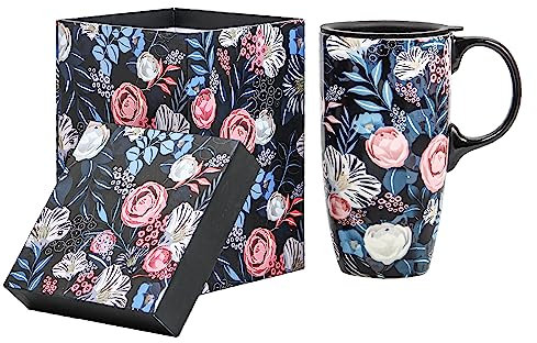 Topadorn Ceramic Travel Mug with Lid and Handle Gift for Coffee Lovers, Ceramic Coffee Mug Latte Teacup Milk Mug in Color Box 17 Oz, Pink and White Flowers
