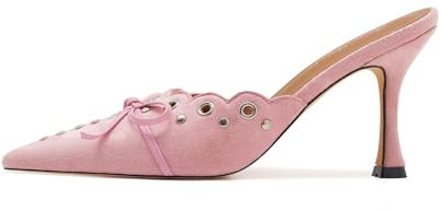 ATBELL Pantoletten mit Kätzchen-Absatz für Damen, Fliege, Wildleder, Stiletto-Absätze, Mule, spitze Zehen, Nieten, Slide-Absatz, Sandalen, Pumps für Hochzeitskleid, Party, Pink, 38.5 EU