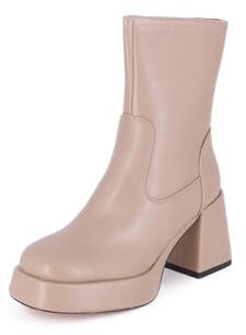 QUEEN HELENA Stivaletti con Plateau Stivali con Tacco Largo Donna K3231 (Khaki Pu, 38)
