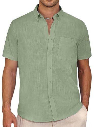 J.VER Men's Short Sleeve Linen Shirts Shrink Free Button Down Regular Fit Solid Shirt Casual Lightweight Summer Beach Holiday Shirts Tops for Men Adult Grey Green XL