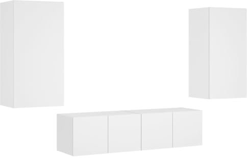 vidaXL Wohnwand 4-TLG., Schrankwand mit viel Stauraum, Anbauwand mit LED-Beleuchtung, Wandmontage Fernsehschrank Wohnzimmer Set Schrank, Weiß Holzwerkstoff