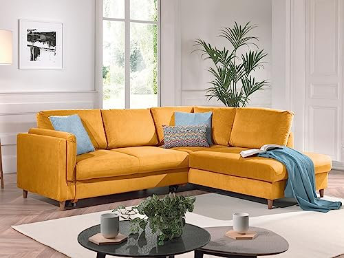 Lisa Design Brooke – Ecksofa rechts – mit Schlaffunktion – 5-Sitzer – aus Samt Gelb