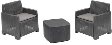 Dmora - Lounge-Set für draußen Laigueglia, Garten-Set mit 2 Sesseln und 1 Aufbewahrungstisch, Rattan-Effekt mit Kissen, 100% Made in Italy, Anthrazit