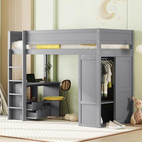 MQLAE Hochbett 90x200cm mit Schreibtisch, Schrank und Schubladen, vielseitiges Kinderbett mit Rausfallschutz und Leiter, Bettgestell mit Lattenrost, Schrankbett für Kinder und Erwachsene (Grau)