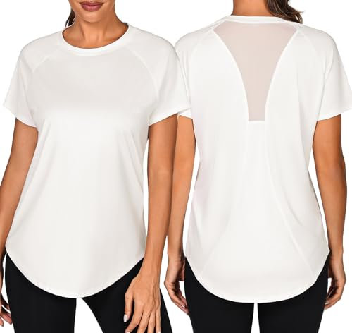 Wayleb Funktionsshirt Damen Kurzarm Rundhals Sport T-Shirt Oberteile Frauen Sportshirt Leichtes Atmungsaktiv Laufshirt Fitness Gym Yoga Longshirt Tops, Weiß XL