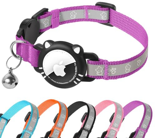 AgoumLux Airtag Katzenhalsband AirTag Halsband Katze Reflektierend mit Sicherheitsverschluss Glocke Katzenhalsbänder mit Airtag Hülle Verstellbar für Katzen, Violett, XS(17.5-23 cm)
