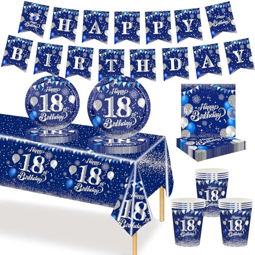 MORAINJAY 70P 18th Birthday Tableware Set - Navy Blue Cups, Plates, Napkins, Tablecloth, Banner for Men Women Party Supplies (16 Guests)