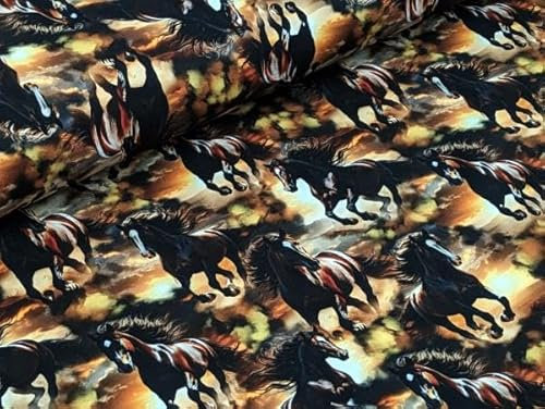 Eigenproduktion Baumwolljersey Wilde Pferde auf Braun Stoff Meterware Kleiderstoff Nähen Horse