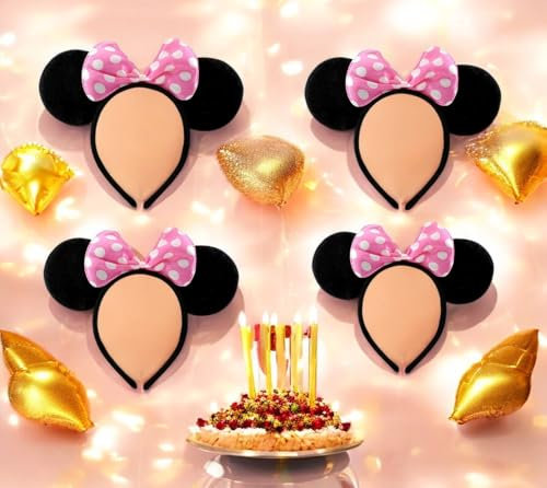 SERENA'S ® 4PCS Pink Minnie Mouse Ears Cartoon Headband Polka Dot Bow Birthday Halloween, Party Accessories, Minnie Ears for Adults/Children Fancy Dress Costume Head Band Accessory Ears Headband